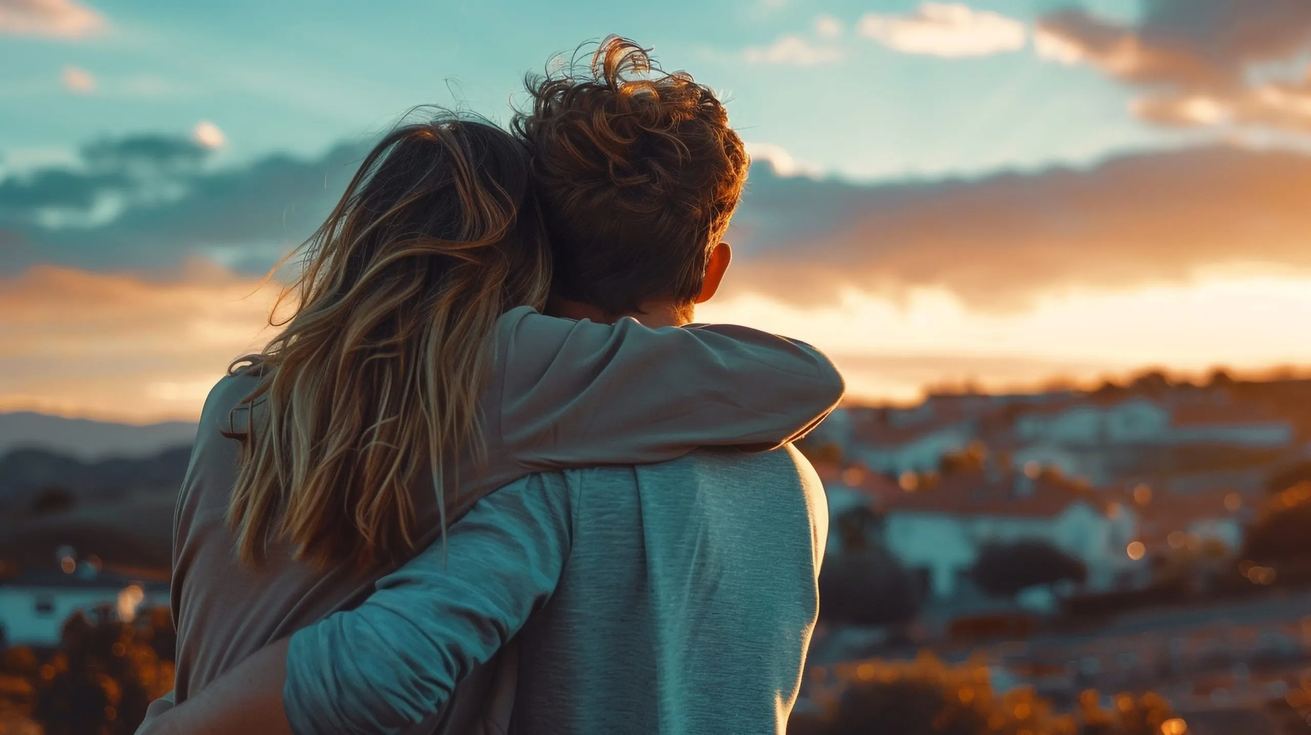 A couple embracing while watching the sunset over their town